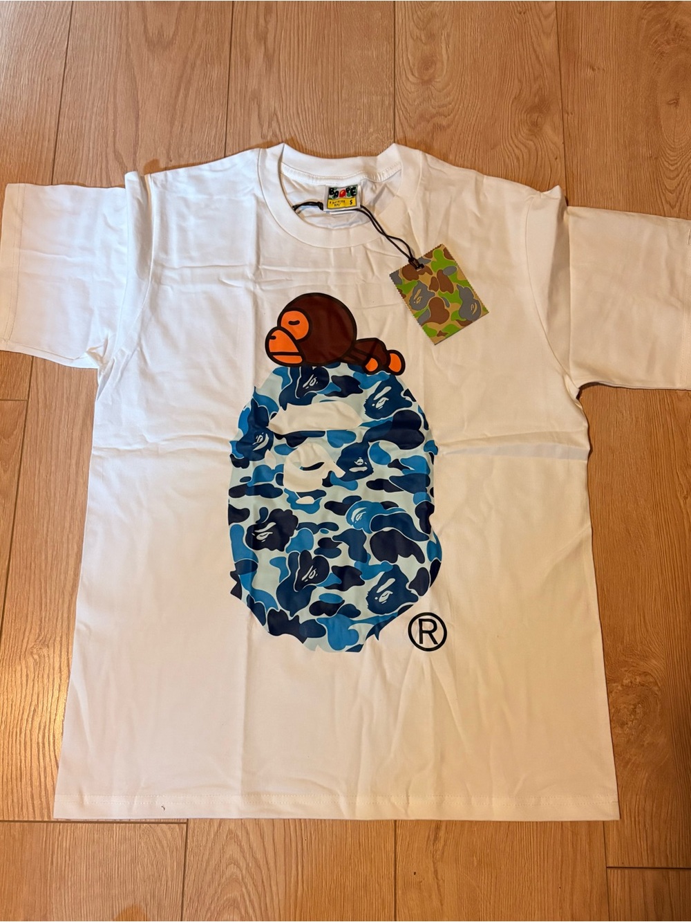 Bape White Tee with Blue Camo Ape Head and Orange Baby Milo Accent